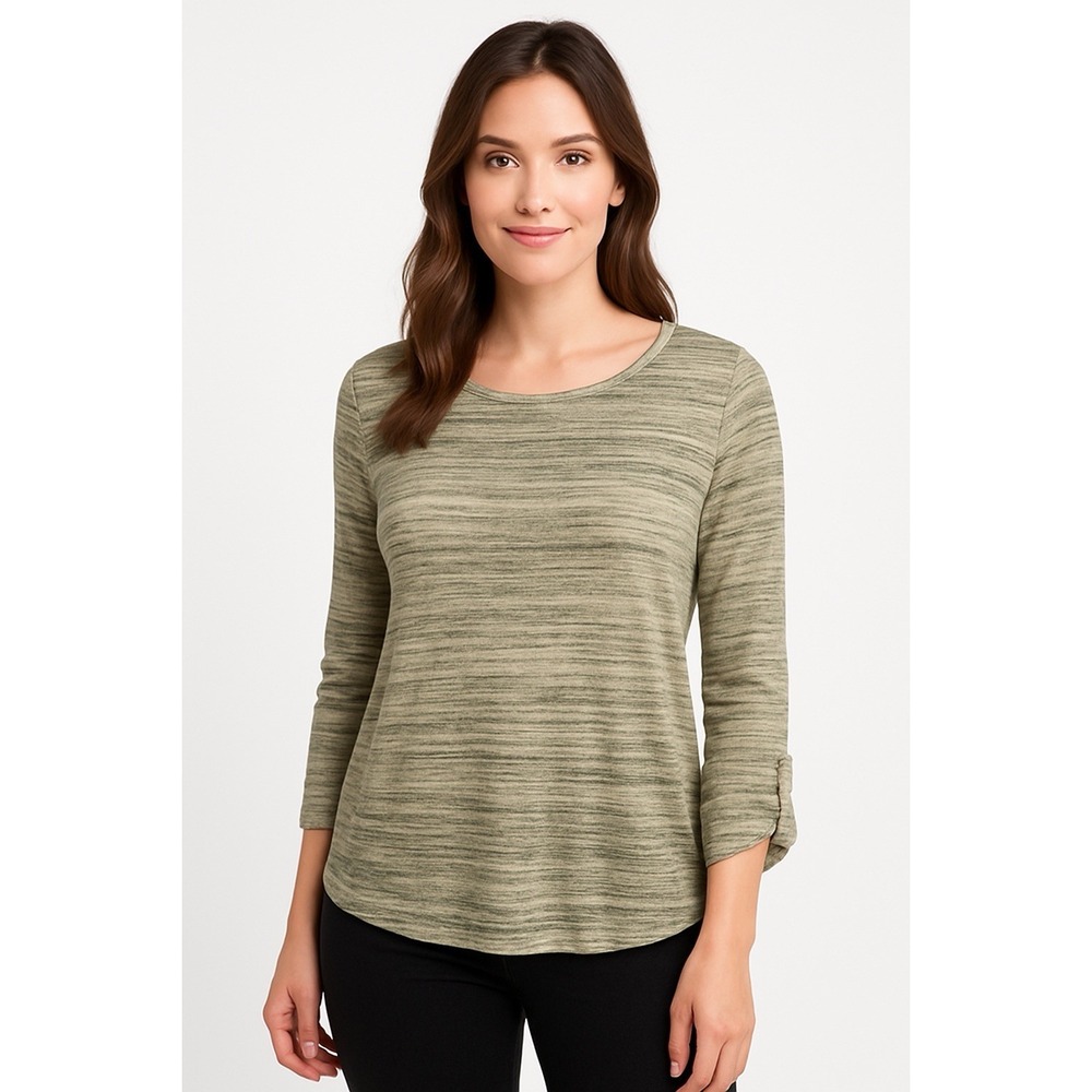 New World Women's L Green Striped Long Sleeve Top Ruched Sleeve Casual Soft Knit